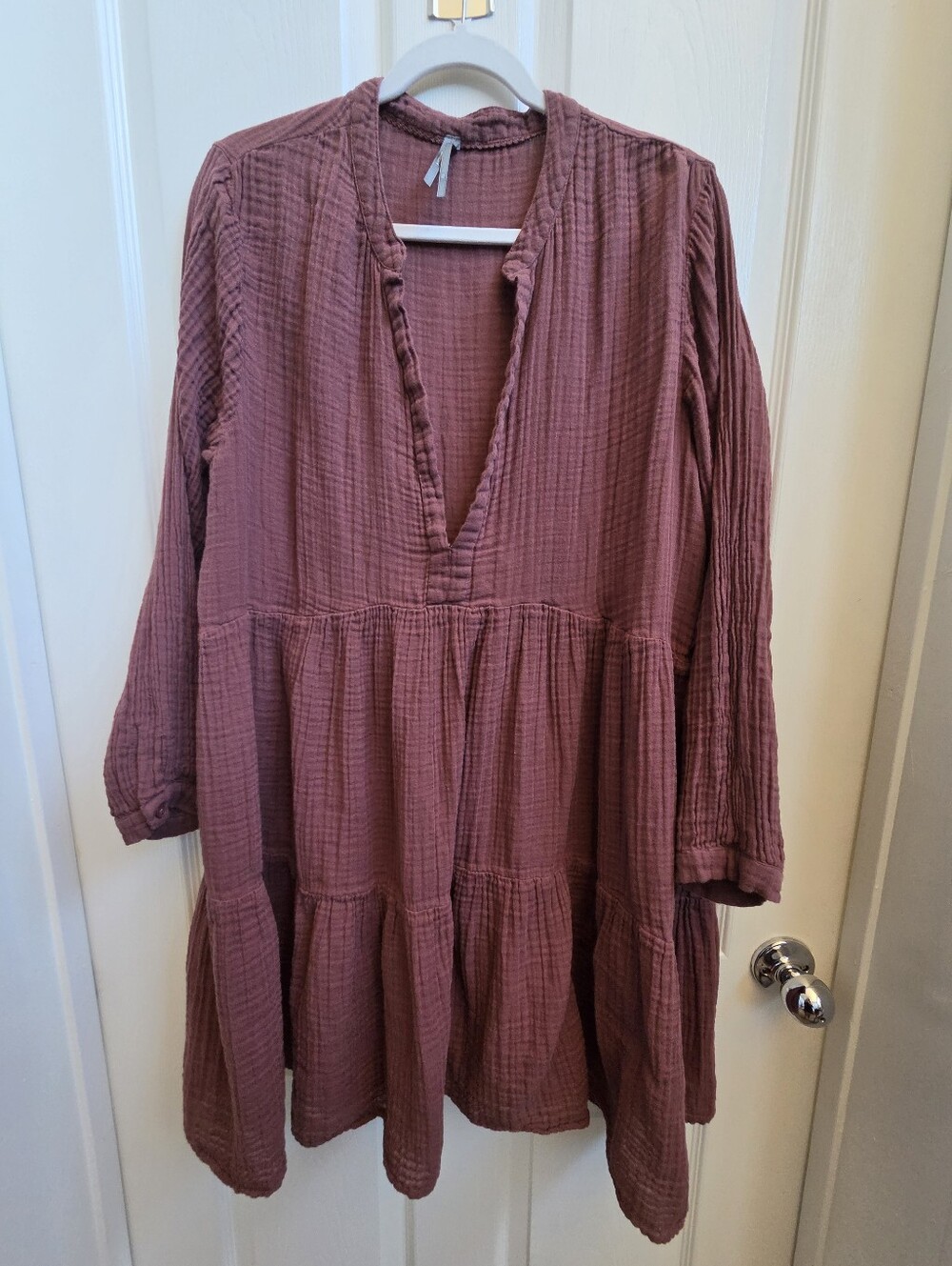 Anthropologie Rose-Mauve Tiered Gauze Long-Sleeve Dress
